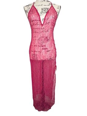 Sm Y2K VTG Victorias Secret Hot Pink Sheer Lace-Up Halter Maxi Dress Thong Sexy